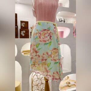 90s Y2K Pastel Floral Mesh Wrap Style Skirt with Diagonal Hem and Ribbon Ties